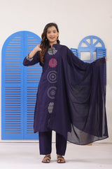 Navy Blue Embroidered Cotton Suit Set with Dupatta