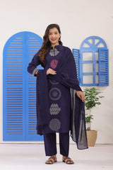Navy Blue Embroidered Cotton Suit Set with Dupatta