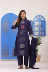 Navy Blue Embroidered Cotton Suit Set with Dupatta