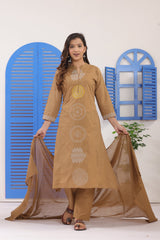 Dark Beige Embroidered Cotton Suit Set with Dupatta