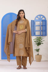 Dark Beige Embroidered Cotton Suit Set with Dupatta