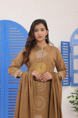 Dark Beige Embroidered Cotton Suit Set with Dupatta