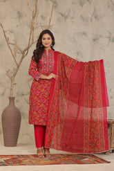 Red Adda Work Cotton Kurta and Pant Set with Dupatta