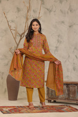 Mustard Brown Adda Work Cotton Kurta and Pant Set with Dupatta