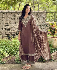 Brown Embroidered Cotton Kurta and Pant Set with Dupatta