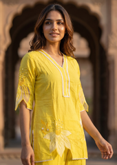 Yellow Embroidered Rayon Kurta and Pant Set
