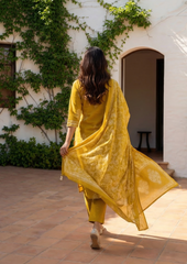 Dark Mustard Cotton Kurta And Pant Set With Mulmul Dupatta
