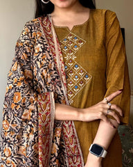 Ruddy Brown Embroidered Handloom Cotton Suit Set with Dupatta
