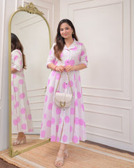 White Pink Polka Dot Printed Rayon Anarkali Gown