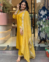 Yellow Embroidered Chinon Suit Set with Lehariya Dupatta