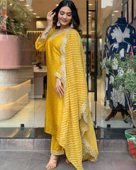 Yellow Embroidered Chinon Suit Set with Lehariya Dupatta