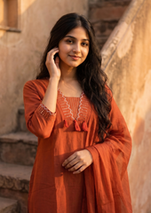 Orange Embroidered Cotton Kurta and Pant Set with Dupatta