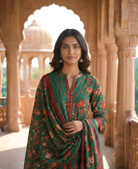 Green Floral Printed Cotton Anarkali Gown with Dupatta
