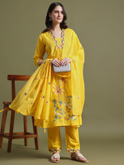Yellow Embroidered Ram Boota Kurta and Pant Set with Dupatta