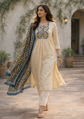 Off White Printed Cotton Kurta and Pant Set with Dupatta