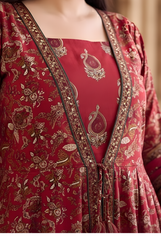Dull Red Printed Cotton Anarkali Kurta and Pant Set with Dupatta