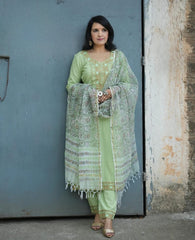 Light Green Embroidered Cotton Kurta and Pant Set with Dupatta