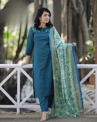 Nile Blue Embroidered Cotton Kurta and Pant Set with Dupatta