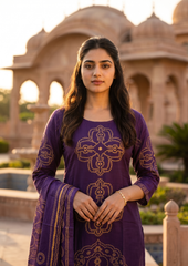 Purple Printed Muslin Kurta and Pant Set with Dupatta