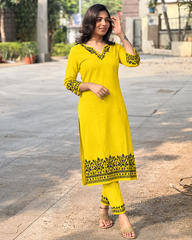 Yellow Embroidered Cotton Kurta and Pant Set