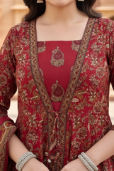 Dull Red Printed Cotton Anarkali Kurta and Pant Set with Dupatta