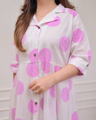 White Pink Polka Dot Printed Rayon Anarkali Gown