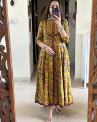 Mustard Floral Printed Cotton Anarkali Gown with Dupatta