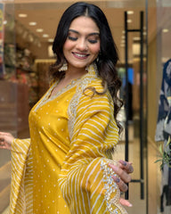 Yellow Embroidered Chinon Suit Set with Lehariya Dupatta