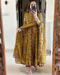 Mustard Floral Printed Cotton Anarkali Gown with Dupatta