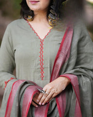Green Embroidered Cotton Kurta and Pant Set with Dupatta