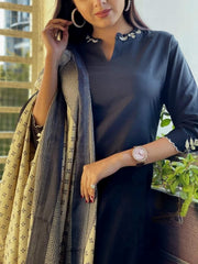 Black Embroidered Cotton Kurta and Pant Set with Dupatta