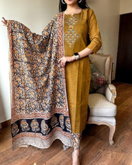 Ruddy Brown Embroidered Handloom Cotton Suit Set with Dupatta