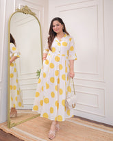 White Yellow Polka Dot Printed Rayon Anarkali Gown