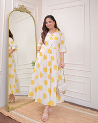 White Yellow Polka Dot Printed Rayon Anarkali Gown