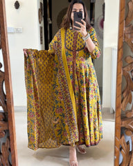Mustard Floral Printed Cotton Anarkali Gown with Dupatta