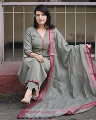 Green Embroidered Cotton Kurta and Pant Set with Dupatta