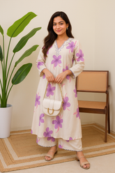 Off White Floral Printed Cotton Kurta and Palazzo Set