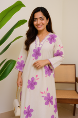 Off White Floral Printed Cotton Kurta and Palazzo Set