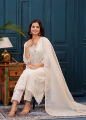 Off White Chikankari Kurta and Pant Set with Chanderi Dupatta