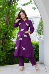 Grape Purple Embroidered Cotton Co-Ord Set