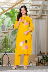 Yellow Embroidered Cotton Kurta and Pant Set