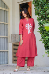 Pastel Red Embroidered Cotton Kurta and Pant Set