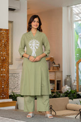 Green Embroidered Cotton Kurta and Pant Set