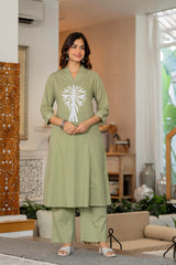 Green Embroidered Cotton Kurta and Pant Set