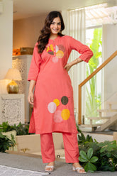 Peach Embroidered Cotton Kurta and Pant Set