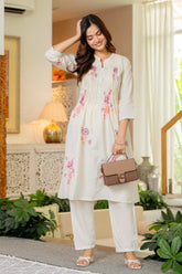 Off White Embroidered Printx Work Cotton Co-Ord Set