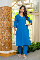 Blue Cotton Slub Kurta and Pant Set
