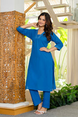 Blue Cotton Slub Kurta and Pant Set