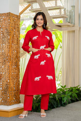 Red Embroidered Cotton Co-Ord Set