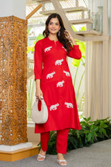 Red Embroidered Cotton Co-Ord Set